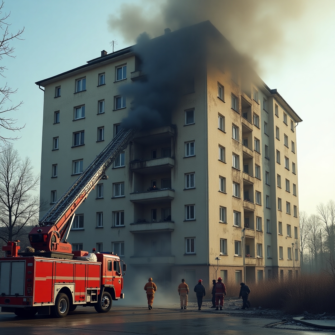 A residential apartment building in Ukraine shows visible damage with shattered windows and black smoke rising from an upper floor. Firefighters are using a ladder truck to respond to the blaze, while emergency personnel work at the scene. The building appears to have been struck during a recent attack, with signs of destruction across multiple balconies.

