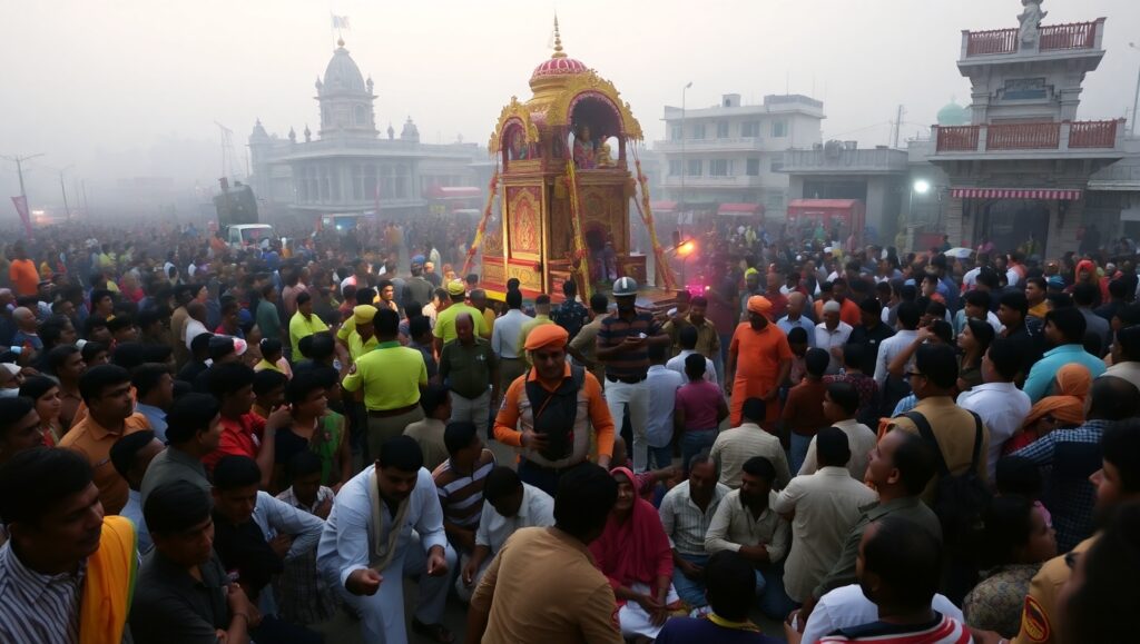 “Crowd gathers during Rath Yatra in Puri as police and emergency teams respond to a stampede-like situation near Gundicha Temple.”