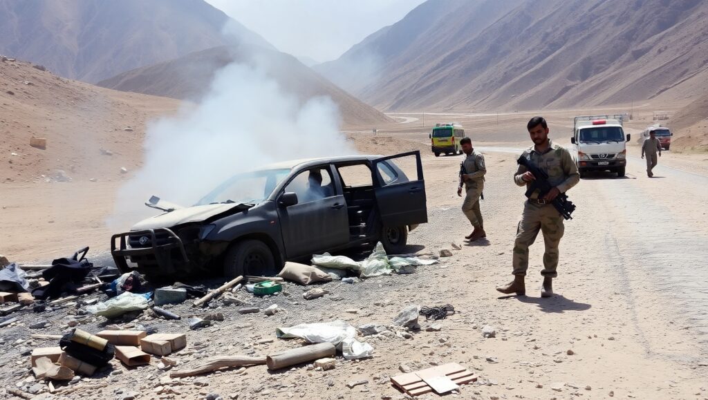“Pakistani security forces inspect the aftermath of a suicide bombing in North Waziristan, with a damaged convoy vehicle and rising smoke in the background.”
