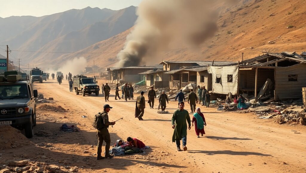 Security forces and emergency responders at the site of a powerful suicide car bombing in Khadi village, North Waziristan, amid damaged vehicles and debris.