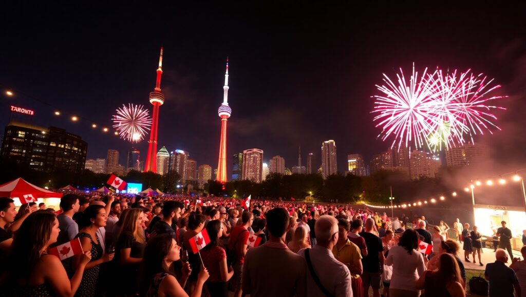 Crowds gathered at a Toronto park watching a vibrant Canada Day fireworks display lighting up the night sky in red and white.