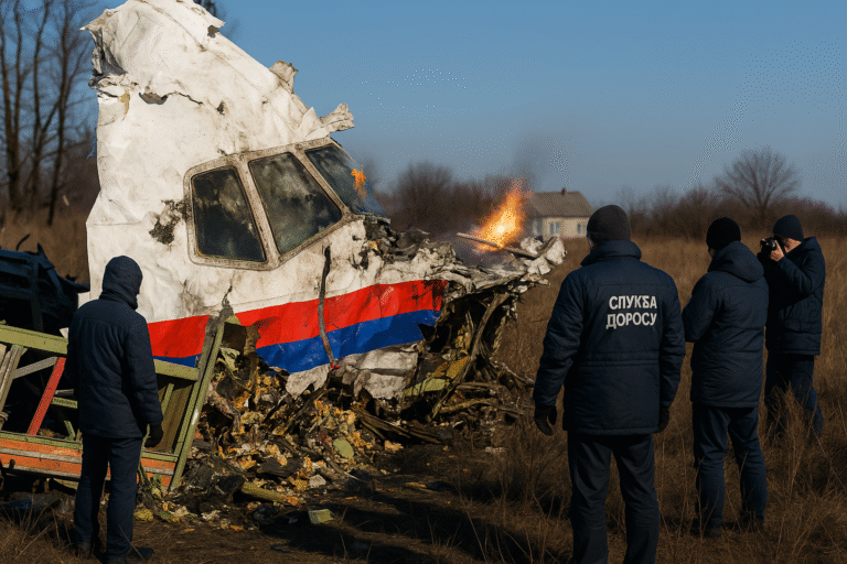 Wreckage of Malaysia Airlines Flight MH17 being examined by investigators at the crash site in eastern Ukraine.