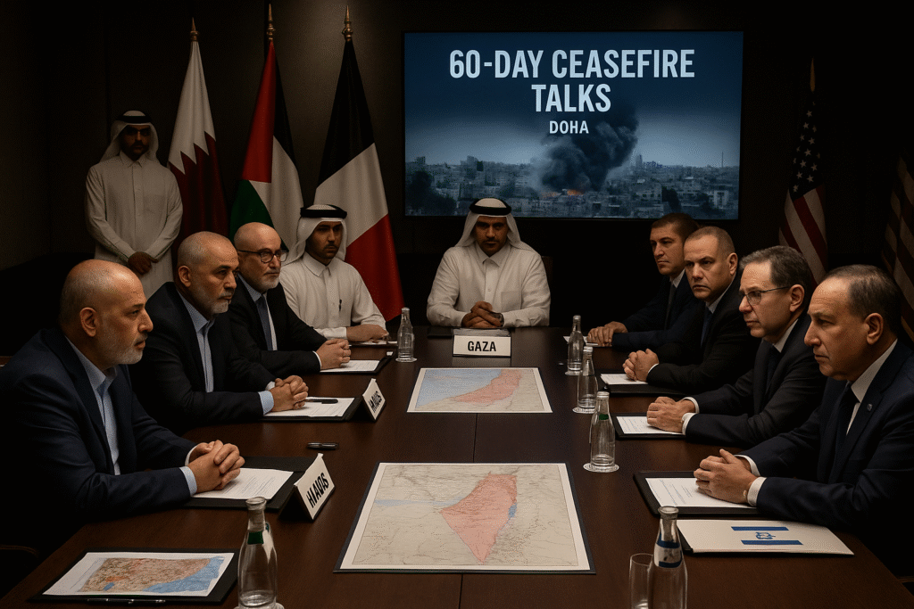 A diplomatic meeting scene in Doha featuring Israeli, Palestinian, Qatari, and U.S. officials in formal attire seated at a negotiation table, discussing Gaza ceasefire terms.