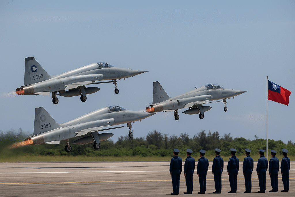 Taiwanese fighter jets lined up on an airstrip during a military drill against Chinese invasion threats.
