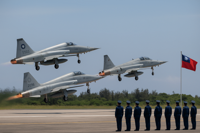 Taiwanese fighter jets lined up on an airstrip during a military drill against Chinese invasion threats.