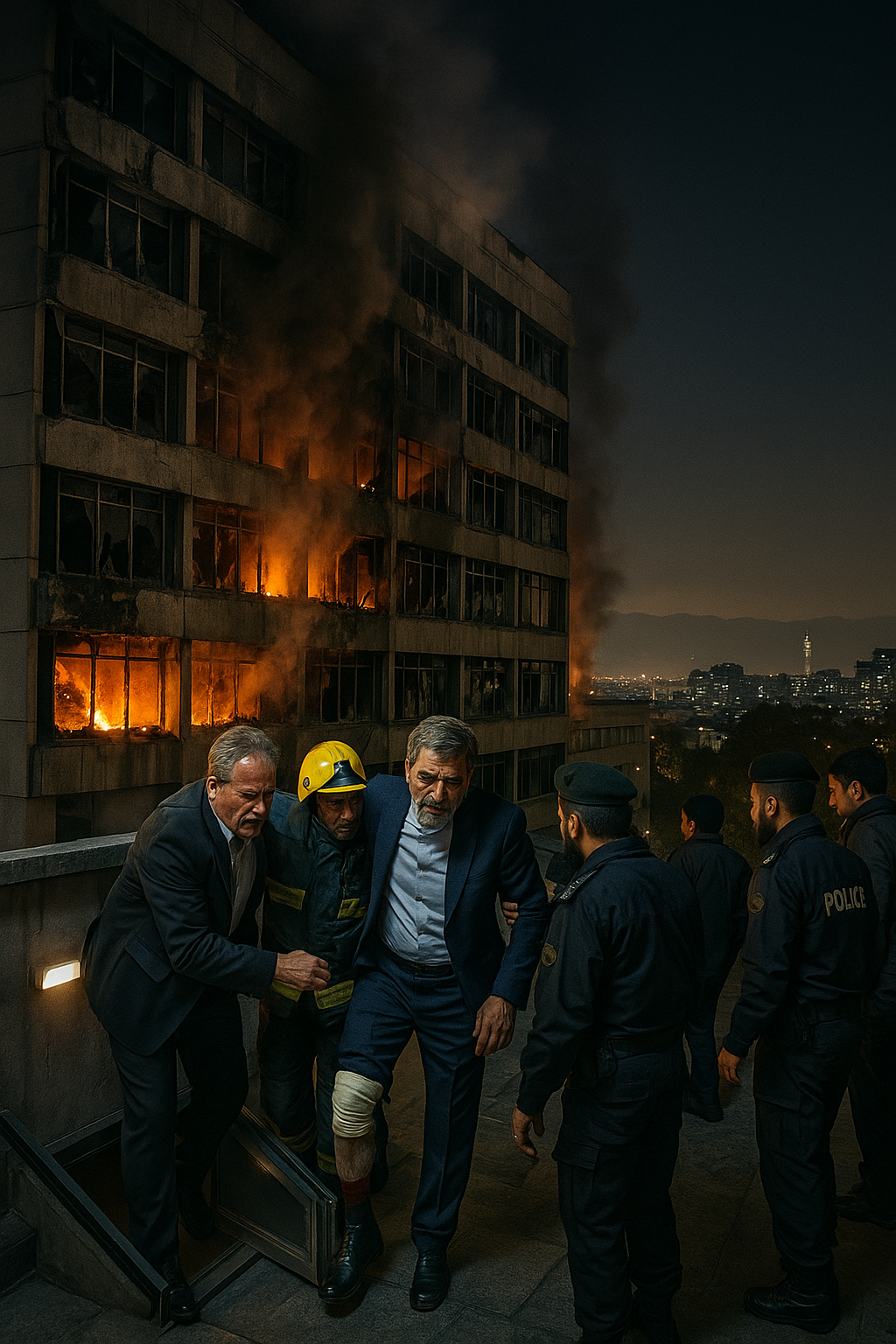Iranian President Pezeshkian and senior officials fleeing a bombed government building in Tehran after an Israeli airstrike.