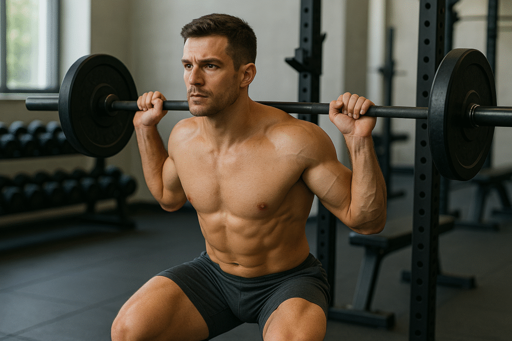 Male gym athlete wearing a supporter during workout in a modern gym setting