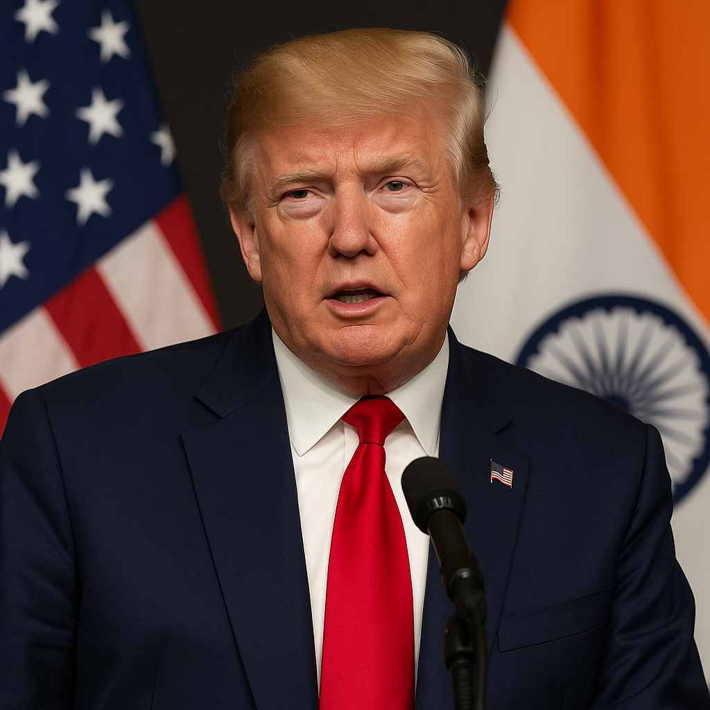 A digital image of former U.S. President Donald Trump speaking at a press conference, announcing progress in trade negotiations with India aimed at reducing tariffs.