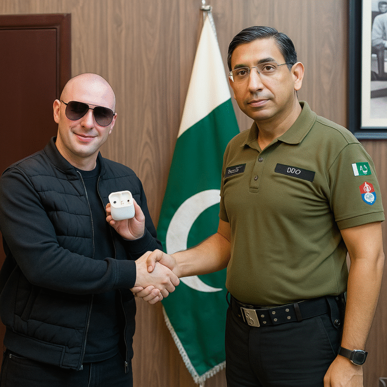 British YouTuber Miles Routledge receives his lost AirPods from Pakistani police in Jhelum after tracking them through the Find My app, surrounded by locals and media.