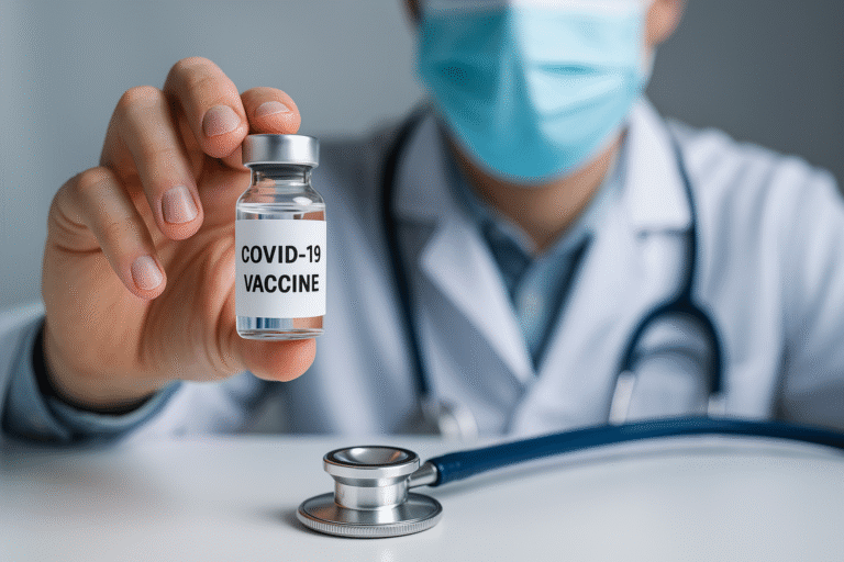 A representative image of a healthcare professional holding a COVID-19 vaccine vial, with a stethoscope placed on a table, symbolizing health safety and vaccination awareness.