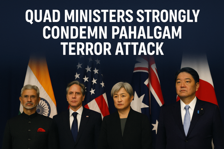 Quad foreign ministers attending a joint press conference, standing together with flags of India, the United States, Japan, and Australia in the background, following their statement condemning the recent terror attack in Pahalgam.