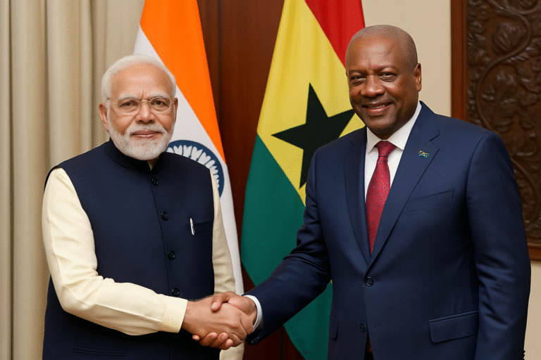 A high-resolution image showing Indian Prime Minister Narendra Modi and Ghanaian President John Mahama during a formal bilateral meeting, with national flags of India and Ghana in the background. Both leaders are seen exchanging documents and shaking hands to mark the signing of multiple agreements.