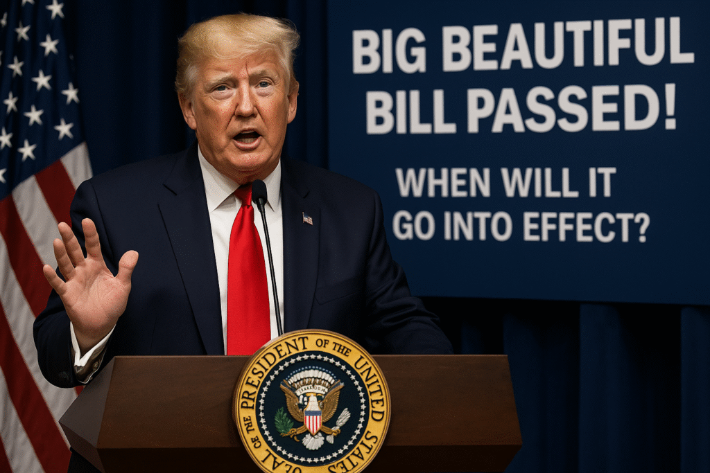 A photograph captures former President Donald J. Trump standing at a podium, smiling and holding a document titled "Big Beautiful Bill," with the American flag in the background and a crowd of supporters cheering