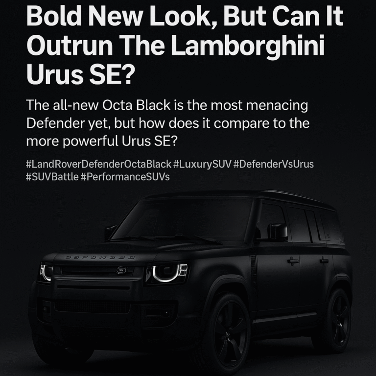 A high-resolution digital image showcasing the Land Rover Defender Octa Black edition — an all-black luxury SUV with Narvik Black paint, gloss black grille, satin black skid plates, four exhaust tailpipes, and gloss black 22-inch alloy wheels. The SUV is parked in a modern urban setting with dark, moody lighting to highlight its bold, aggressive design.