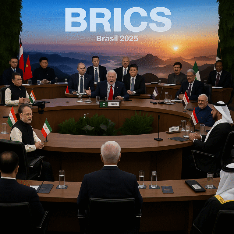 BRICS 2025 summit delegates in Rio de Janeiro discussing global peace, security, and governance reforms.