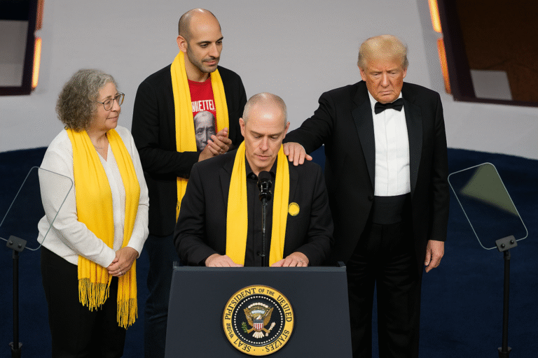 A high-resolution photograph shows four individuals participating in a public demonstration holding posters of hostages in Tel Aviv, advocating for their safe release amid the ongoing Israel-Gaza conflict.