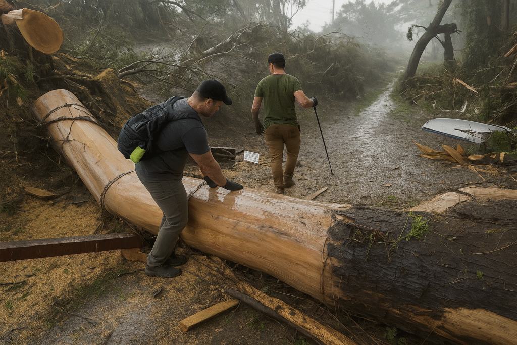 Two rescue workers navigate fallen trees and debris in a forested area following severe floods in Texas.
