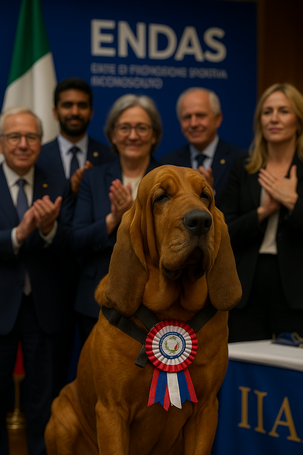 Bruno the Italian sniffer dog honored at a public event for his search and rescue achievements.
