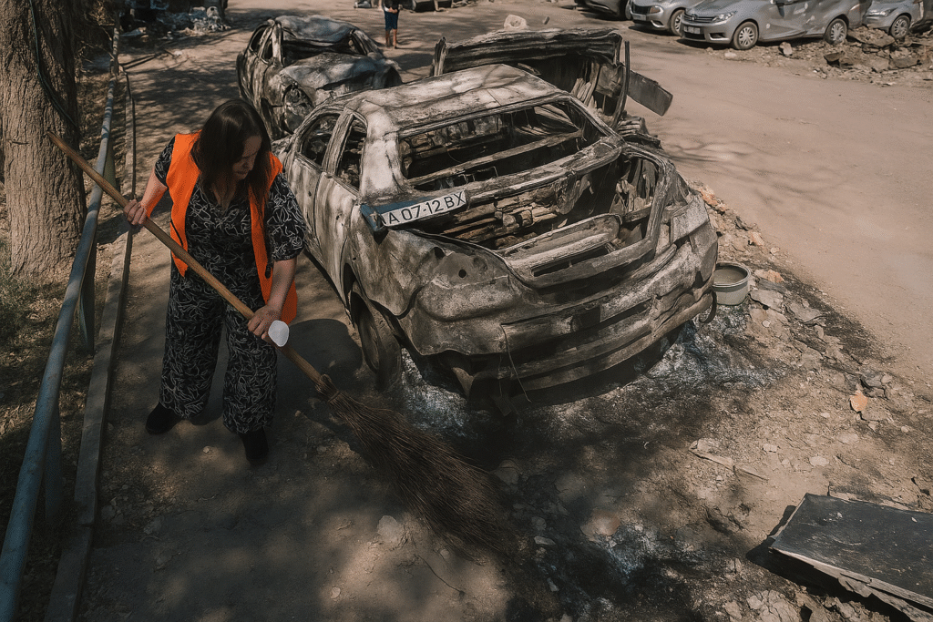 A woman sweeps debris near the charred remains of burnt-out cars on a war-damaged street in Ukraine.