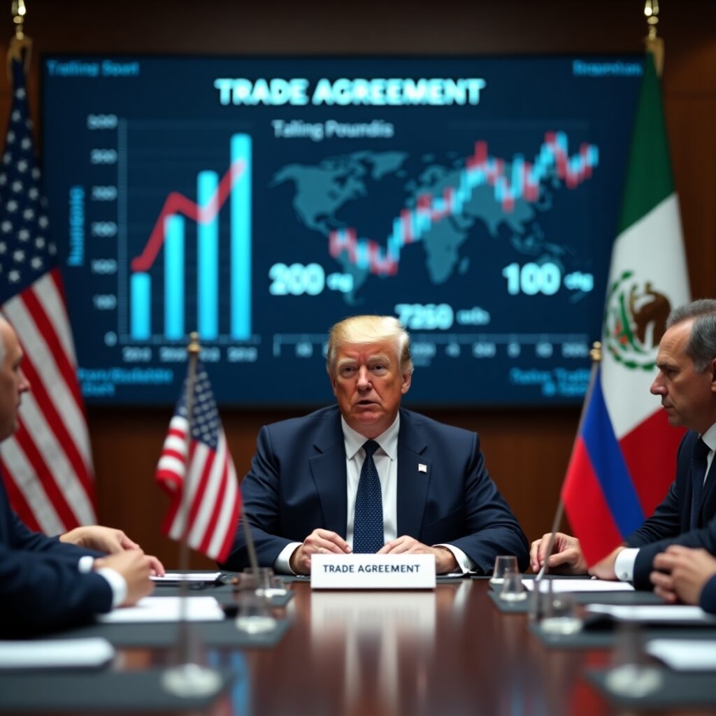 International trade negotiation meeting between the United States, European Union, and Mexico discussing new tariff proposals.