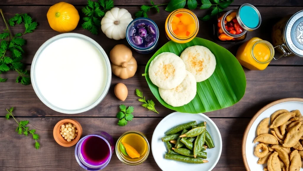 A rustic wooden table displaying a variety of traditional Indian fermented foods, including curd, idlis on banana leaf, purple Kanji drink, colorful pickles in jars, and Gundruk leaves, with fresh herbs and Indian kitchenware.