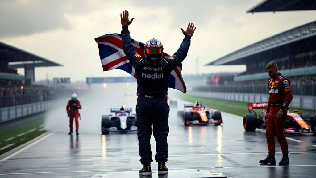 Lando Norris celebrates British Grand Prix win in the rain as Verstappen walks away from Red Bull car and Piastri looks disappointed on a soaked Silverstone track.