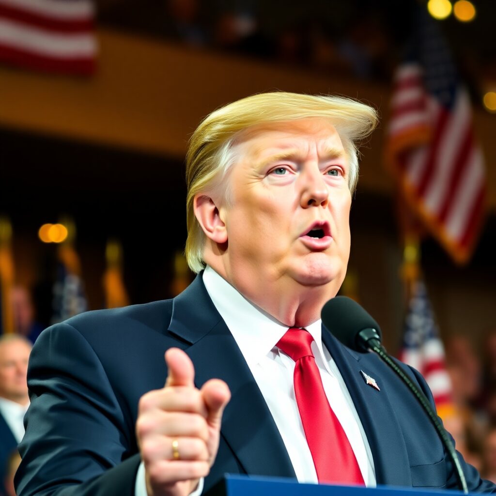 “Illustration of a political figure at a podium in front of a world map, with countries like Myanmar, Laos, Thailand, and Japan highlighted in red to indicate tariff impact. Background elements include shipping containers and upward-trending graphs symbolizing rising trade tensions.”


