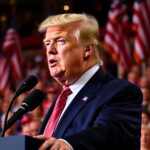 “Illustration of a political figure at a podium in front of a world map, with countries like Myanmar, Laos, Thailand, and Japan highlighted in red to indicate tariff impact. Background elements include shipping containers and upward-trending graphs symbolizing rising trade tensions.”