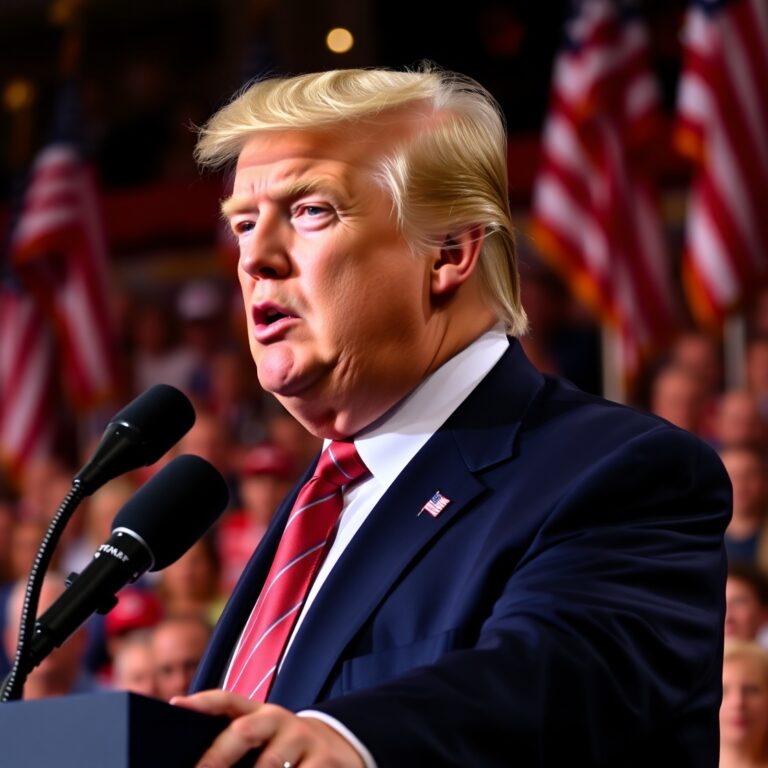 “Illustration of a political figure at a podium in front of a world map, with countries like Myanmar, Laos, Thailand, and Japan highlighted in red to indicate tariff impact. Background elements include shipping containers and upward-trending graphs symbolizing rising trade tensions.”