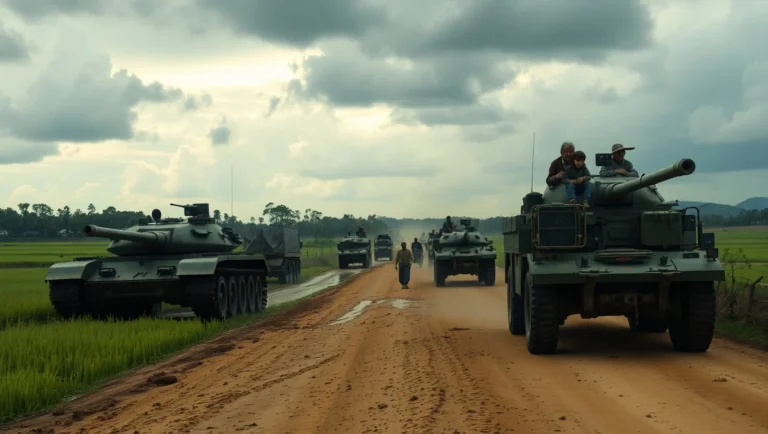 Military tanks moving through rural fields as civilians evacuate amid border tensions