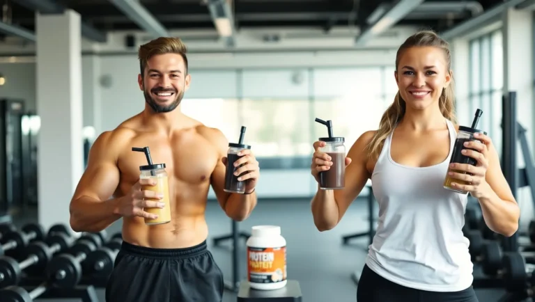 Fit man and woman in a gym holding protein shakes after workout.