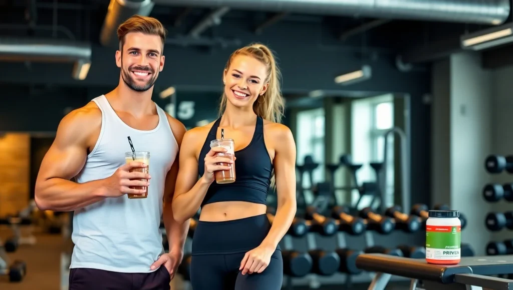 Fit man and woman in a gym holding protein shakes after workout.