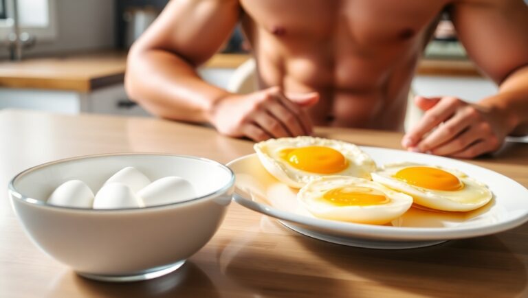 Whole eggs on a breakfast plate beside raw egg whites, promoting muscle gain and balanced nutrition.