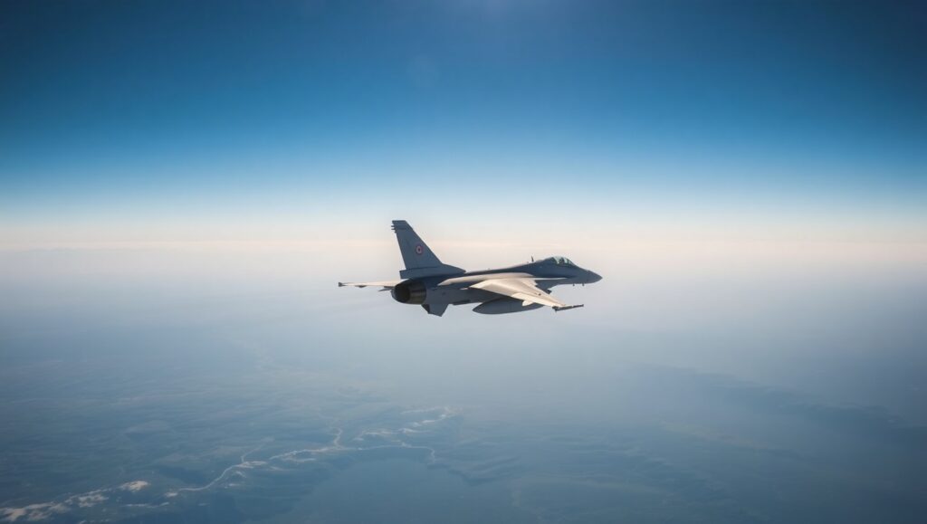 Rafale fighter jet flying at high altitude during a training mission over mountainous terrain.