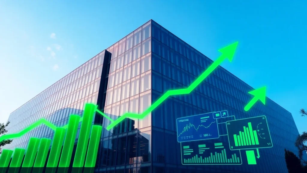Glass office building with glowing green bar charts, upward arrows, and digital IPO graphics in the foreground