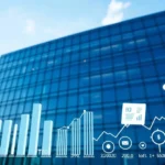 Modern office building with stock charts and IPO-related graphics in the foreground