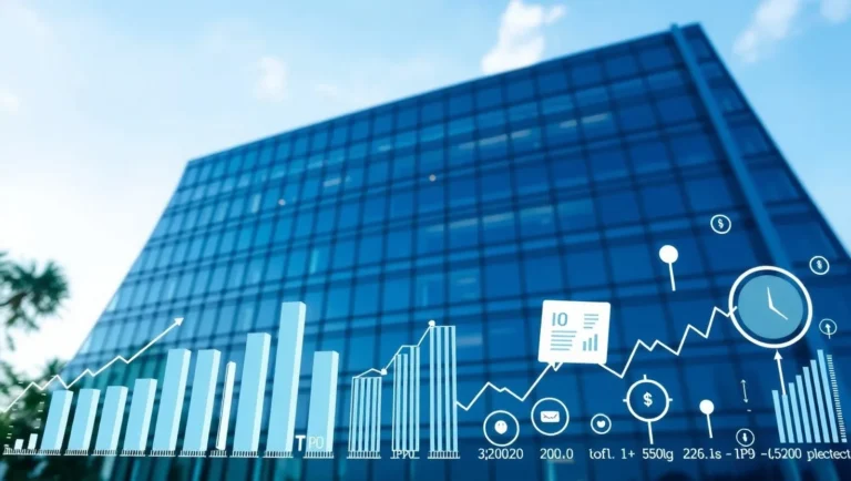 Modern office building with stock charts and IPO-related graphics in the foreground