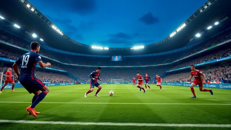 "Paris Saint-Germain and Bayern Munich players in action during a FIFA Club World Cup match at a packed stadium, with fans cheering, floodlights illuminating the field, and players battling for possession near midfield."