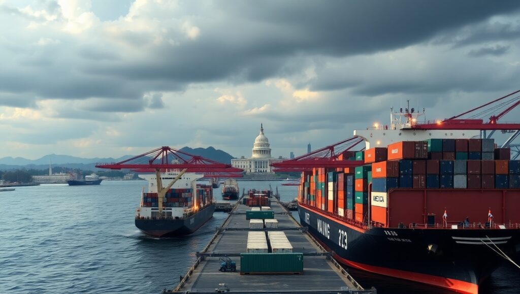 A busy international shipping port with cargo containers being loaded onto ships, representing global trade activity; American and foreign vessels are docked under a cloudy sky with Washington D.C.’s skyline in the distance, symbolizing U.S. tariff negotiations.