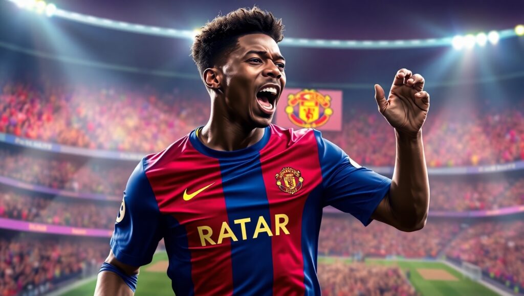 Marcus Rashford in Barcelona jersey dribbling soccer ball at Camp Nou stadium