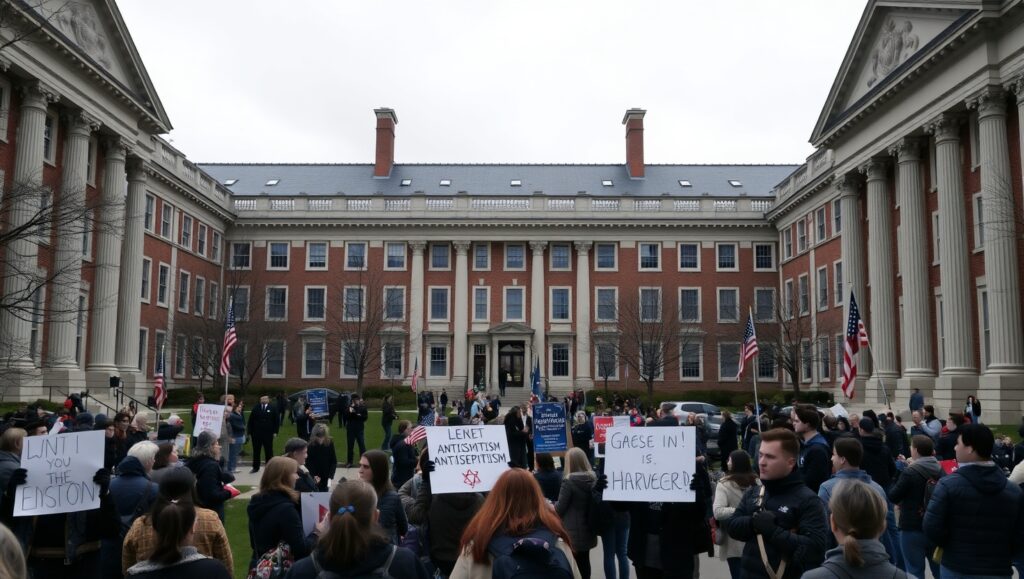 Realistic image of Harvard University's campus with a U.S. government document overlay, symbolizing federal investigation and legal scrutiny, representing controversy over alleged antisemitism and funding threats.