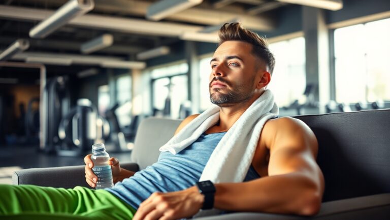 A fitness enthusiast relaxing after a workout, highlighting the importance of rest and recovery in a gym setting.