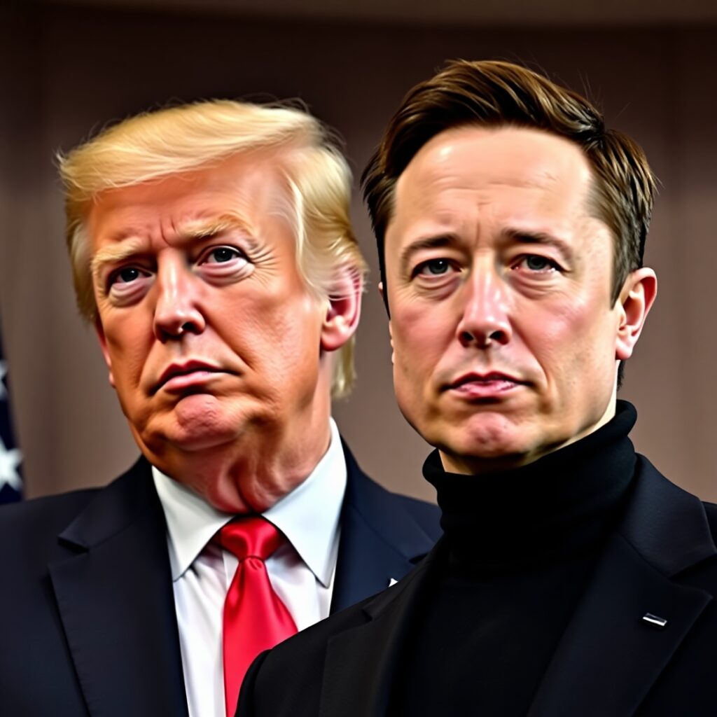 “Symbolic illustration of a futuristic political stage with a lone figure at a podium, abstract red, white, and blue flags in the background, and crumbling pillars labeled Republican and Democrat fading into darkness, while a new structure representing the America Party rises in light.”