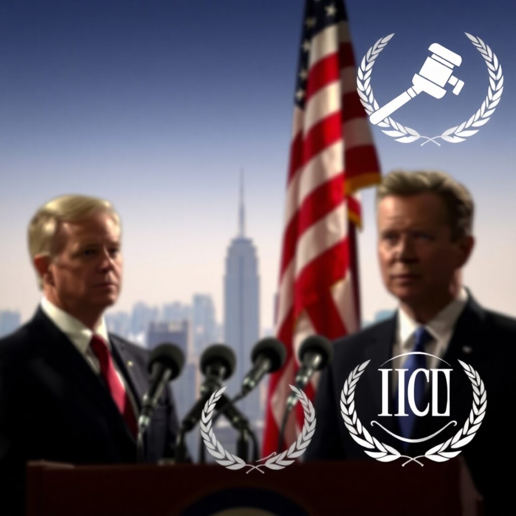 “Realistic image of a political press conference setup with podium, microphones, and American flag, set against a blurred New York City skyline. Silhouetted figures of two politicians stand under dramatic lighting, with faint legal and ICC symbols in the background.”