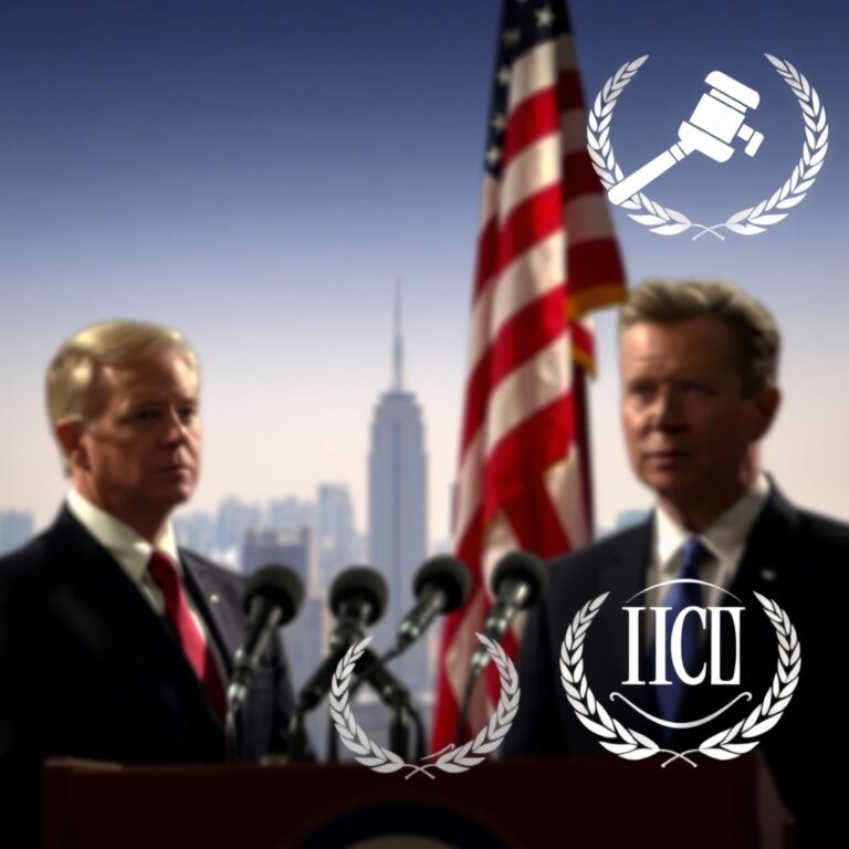 “Realistic image of a political press conference setup with podium, microphones, and American flag, set against a blurred New York City skyline. Silhouetted figures of two politicians stand under dramatic lighting, with faint legal and ICC symbols in the background.”