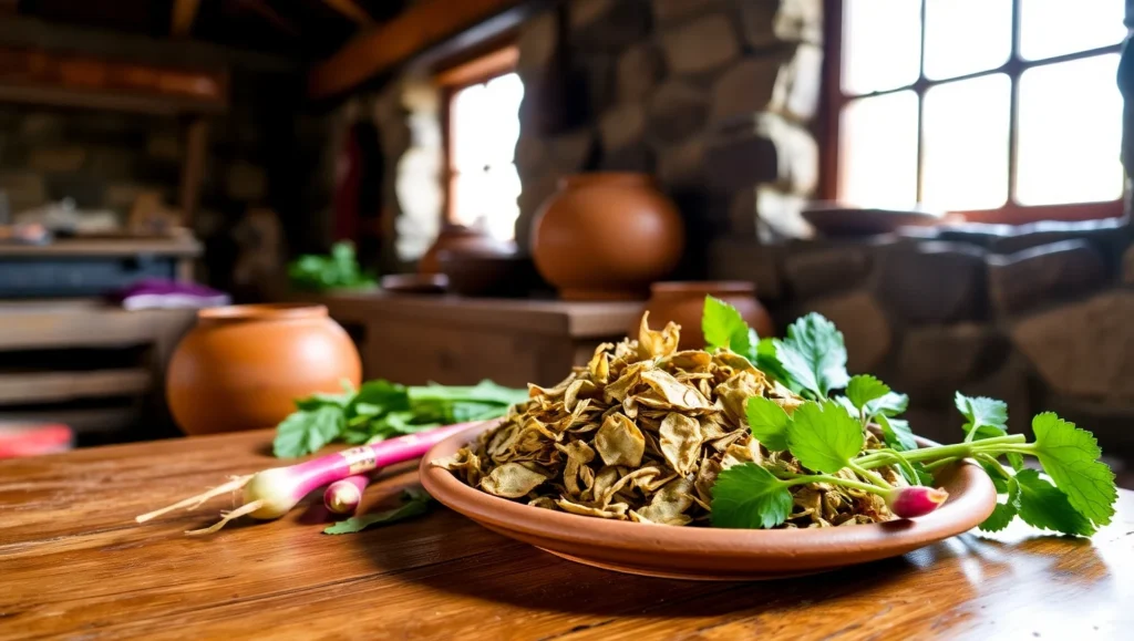 Plate of sun-dried fermented Gundruk leaves with radish and mustard leaves in a rustic mountain kitchen.