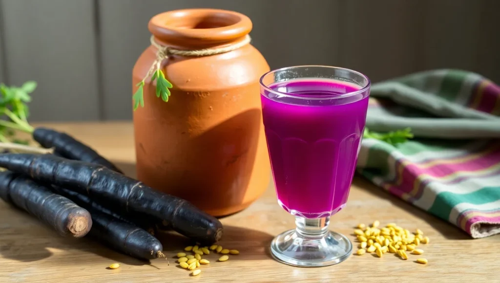 Traditional terracotta jar and glass bottle filled with purple Kanji drink made from fermented black carrots and mustard seeds.
