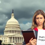 Concerned public service worker standing in front of the U.S. Capitol building, symbolizing uncertainty around changes to the Public Service Loan Forgiveness (PSLF) program under President Trump's proposed 2025 policy.