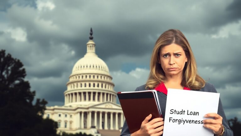 Concerned public service worker standing in front of the U.S. Capitol building, symbolizing uncertainty around changes to the Public Service Loan Forgiveness (PSLF) program under President Trump's proposed 2025 policy.