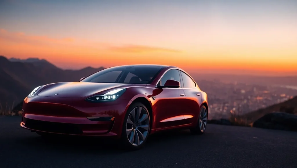 Tesla Model 3 parked on a scenic mountain road at sunset with city skyline in the background
